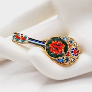Vintage Micro Mosaic Mandolin Brooch Gold Tone Italian Style 1.75"